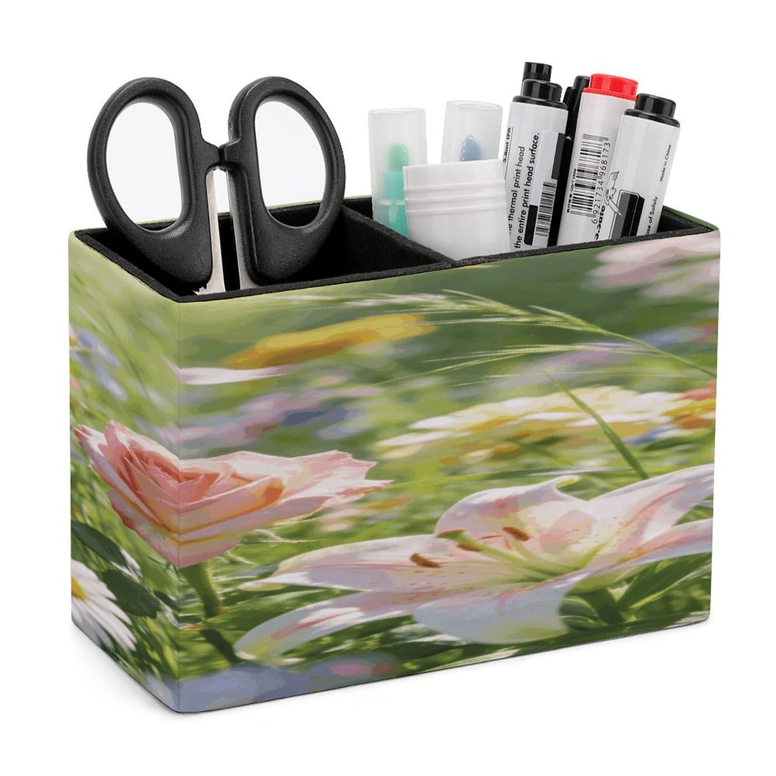 LZQPOEAS Flowers Grass Pen Holder Double Compartments Pen Cup Makeup Brush Holders Leather Pencil Holder Locker Organizer for Work Locker Accessories Modern Pencil Cup for Desk