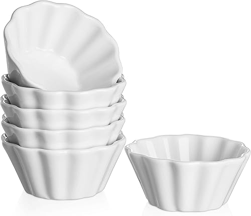 Miniatura 1 de DOWAN Ramekins - Juego de 6 moldes de porcelana con forma de flor para hornear pudín, plato de soufflé, tazas de natillas para salsa, juego de 6