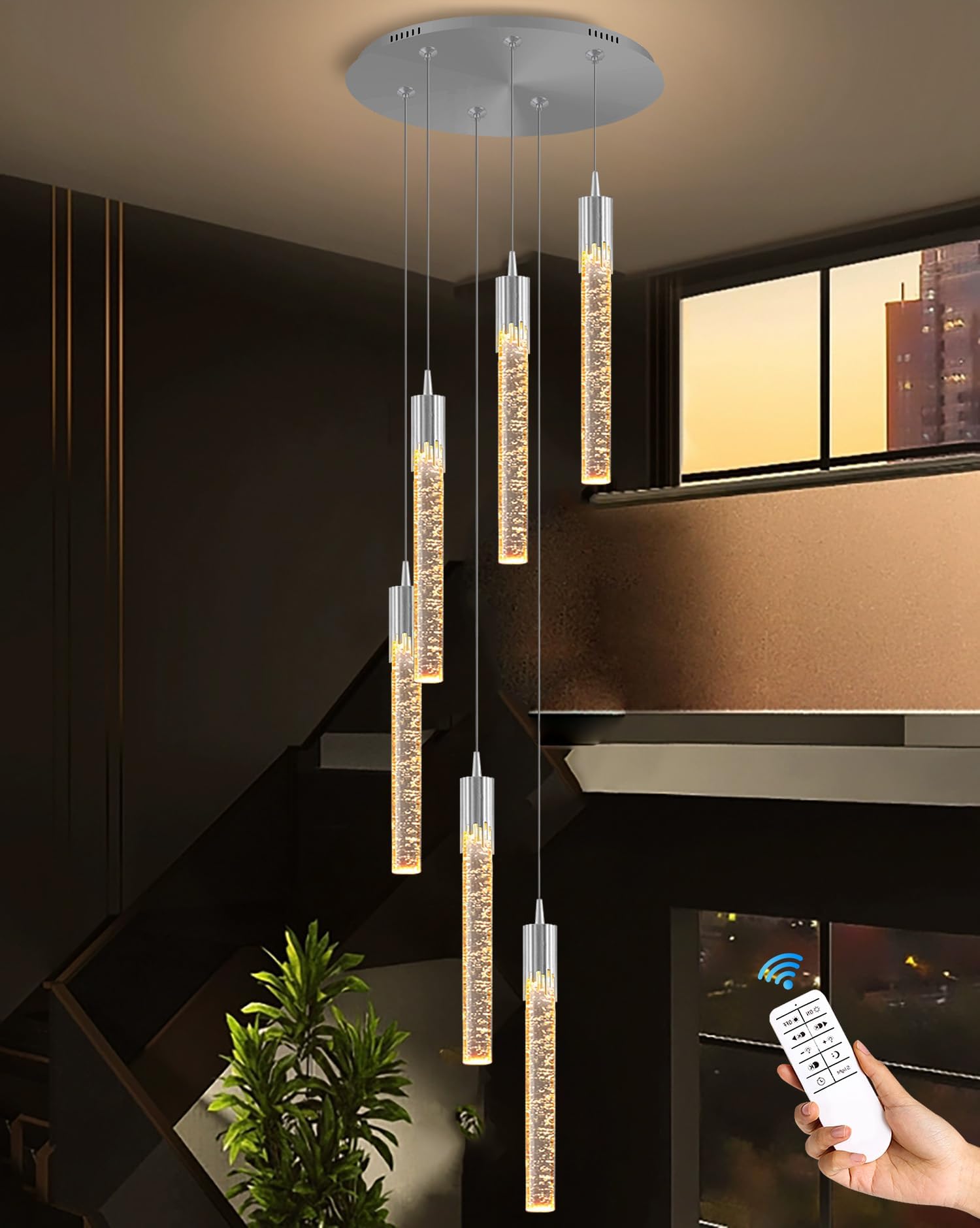 Lámpara de Techo Moderna de 6 Luces con Cristales en Forma de Burbuja - Lámpara Colgante LED Regulable Estilo Loft para Sala de Estar y Comedor, 178 cm de Largo, 2700K/4500K/6000K,