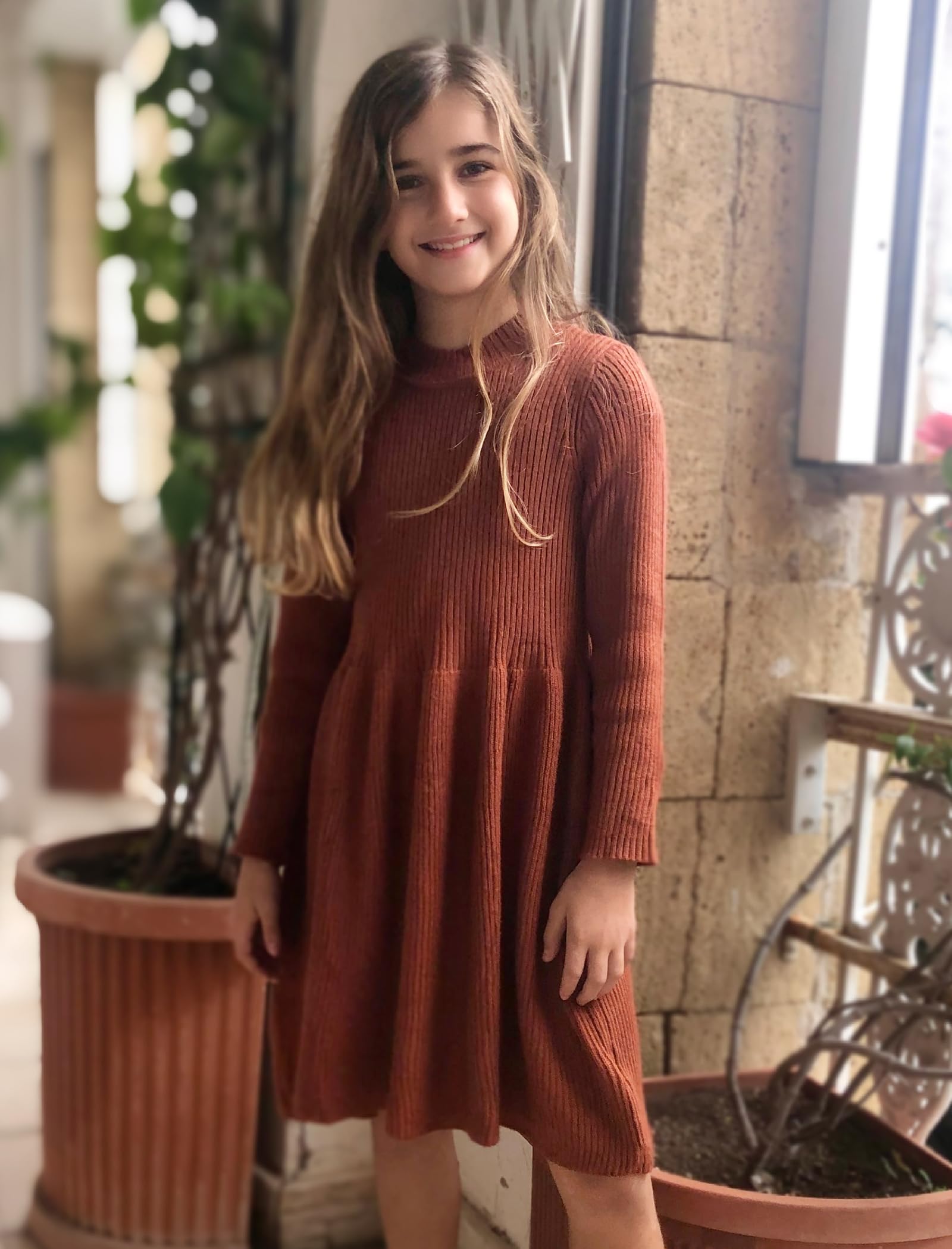 Arshiner Abito da ragazza, per autunno e inverno, a maniche lunghe, con linea ad A, tinta unita, per il tempo libero
