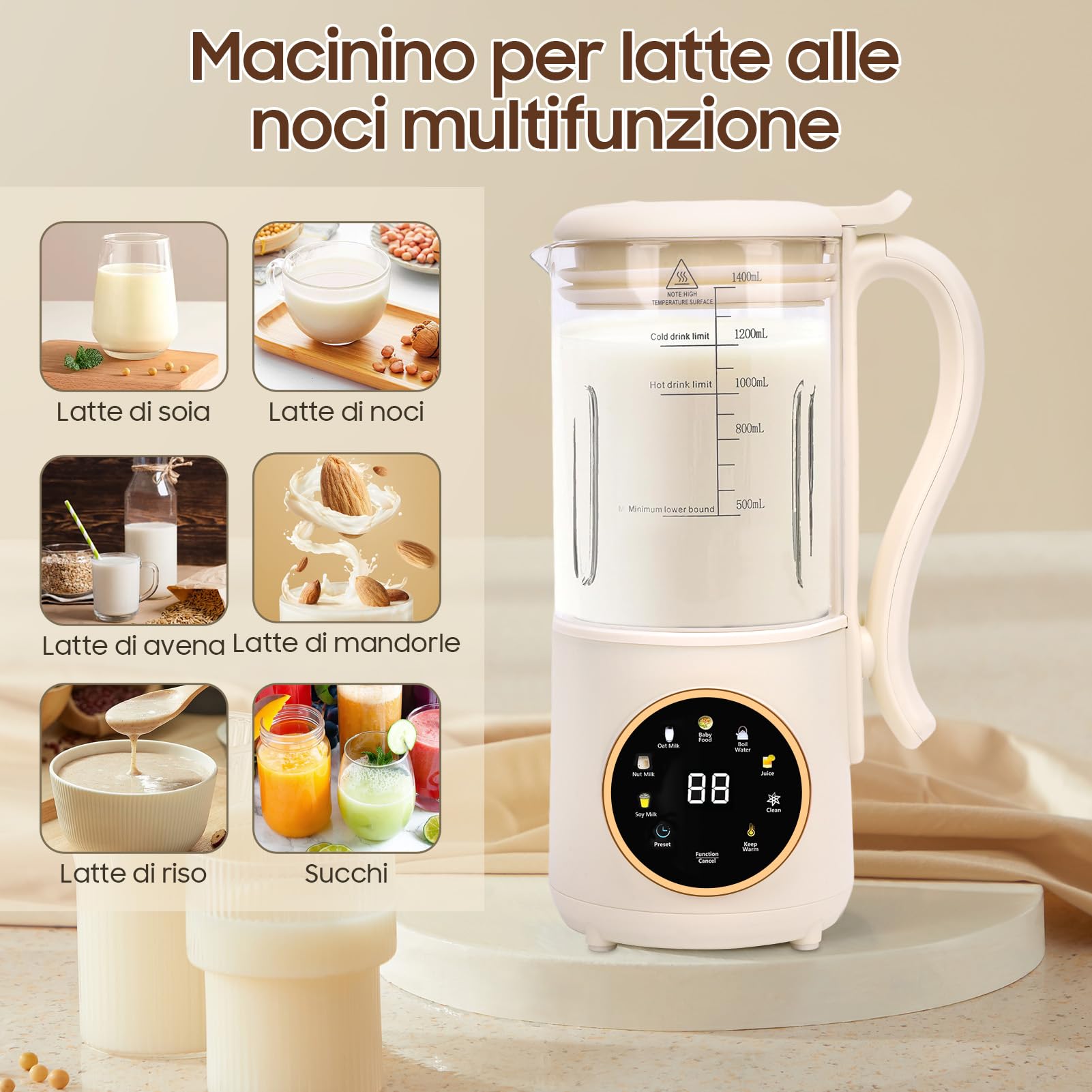 Macchina per Latte di Soia, 1400ml Automatico Multifunzionale Macchina per Latte di Noci con LED Display, Macchina per Latte Vegetale Fatto in Casa, Soia, Mandorle, Avena Bevande