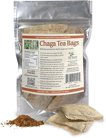 Chaga Tea Bags by My Berry | 100% Canadian Wild-Harvested- NEVER Siberian | 100% Additive-Free Caffeine-Free Herbal Tea | 25 Bleach-Free Bags