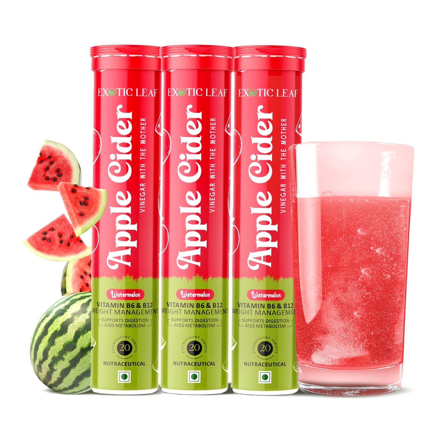 Apple Cider Vinegar Effervescent Tablets with Watermelon Flavour | With the Mother | Supports Detox, Digestion & Weight Management – 20 Tablets Pack of 3-image-45