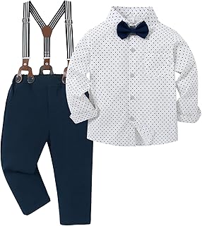 YALLET Toddler Boy Clothes Suit, Formal Dress Shirt with Bowtie+Suspender Pants Boy Gentleman Wedding Outfits 2-10 Years - Buy now