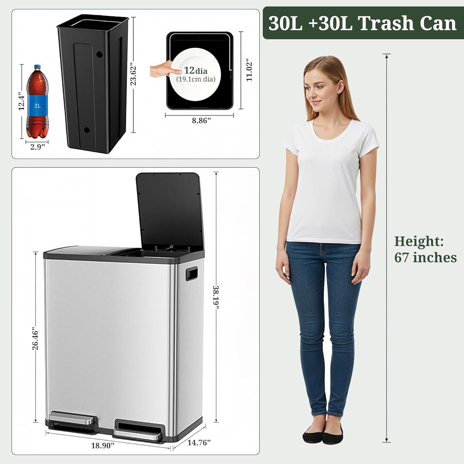 Kitchen Trash Can, 16 Gallon Dual Compartment Garbage Bin with Quiet Close Foot Pedal, Stainless Steel