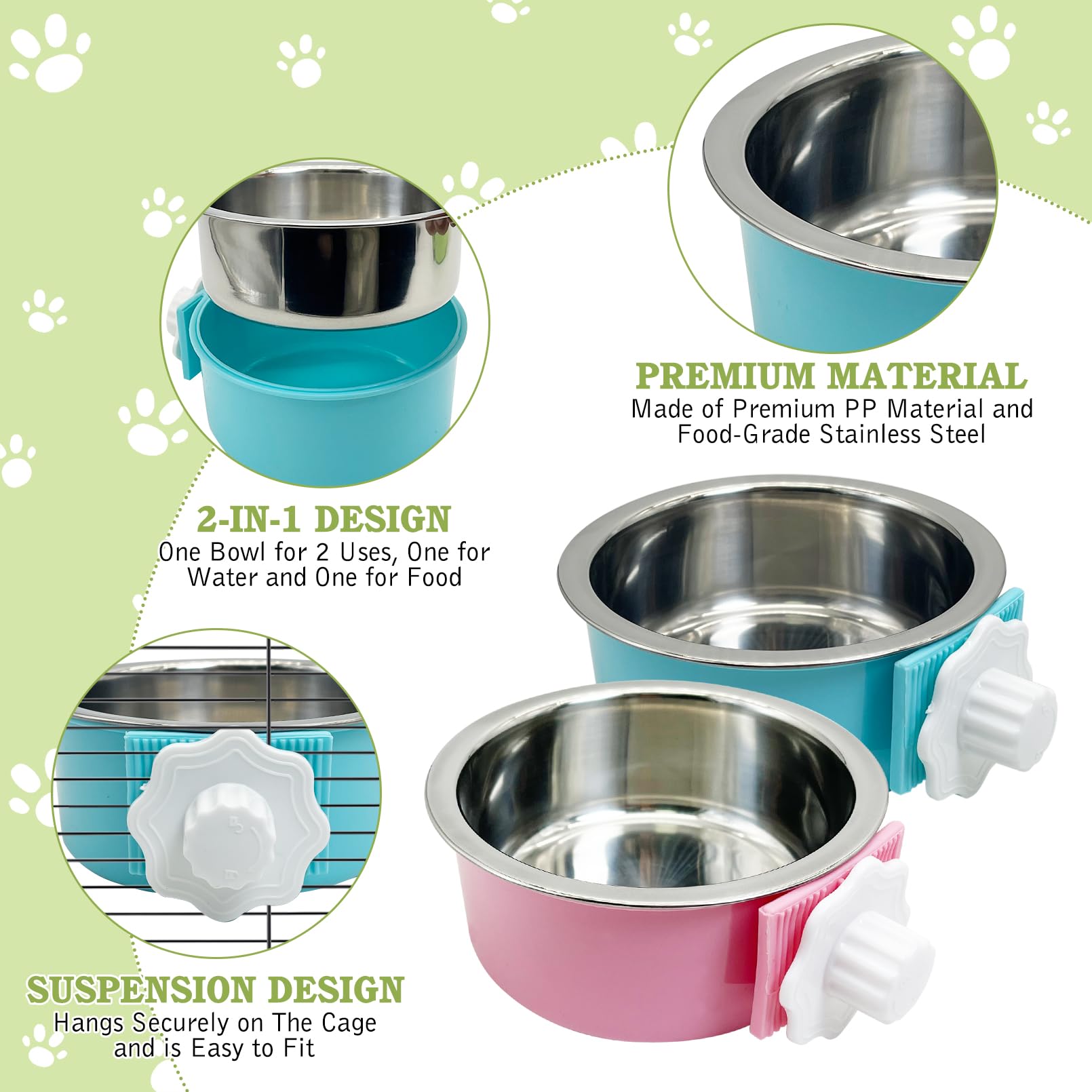 Tfwadmx Hundenapf für Katzen, abnehmbar, Edelstahl, Futter- und Wasser-Futterstation zum Aufhängen, Käfig, mit Reinigungsset für Haustiere, Welpen, Vögel, Ratten, Meerschweinchen, Frettchen,