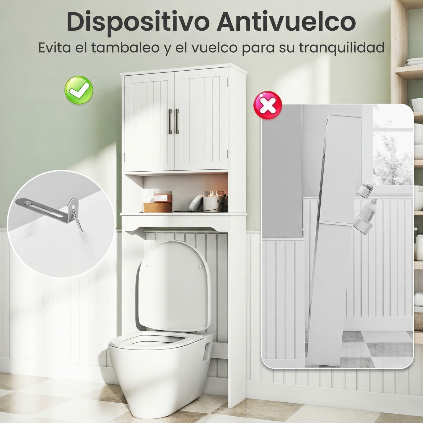 COSTWAY Mueble sobre Inodoro, 2 Puertas, 2 Baldas Regulables y 1 Estante, Armario Lavadora, Mueble Encima WC, 63x23x168 cm, Blanco