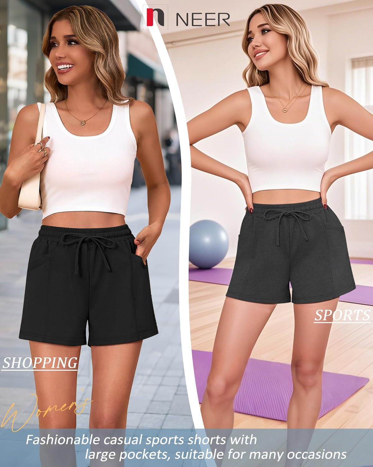 Neer 3 Pack Women's Sweat Shorts, Drawstring Athletic Shorts with Pocket Lounge Loose Workout Short Summer Running Yoga Short - Image 3