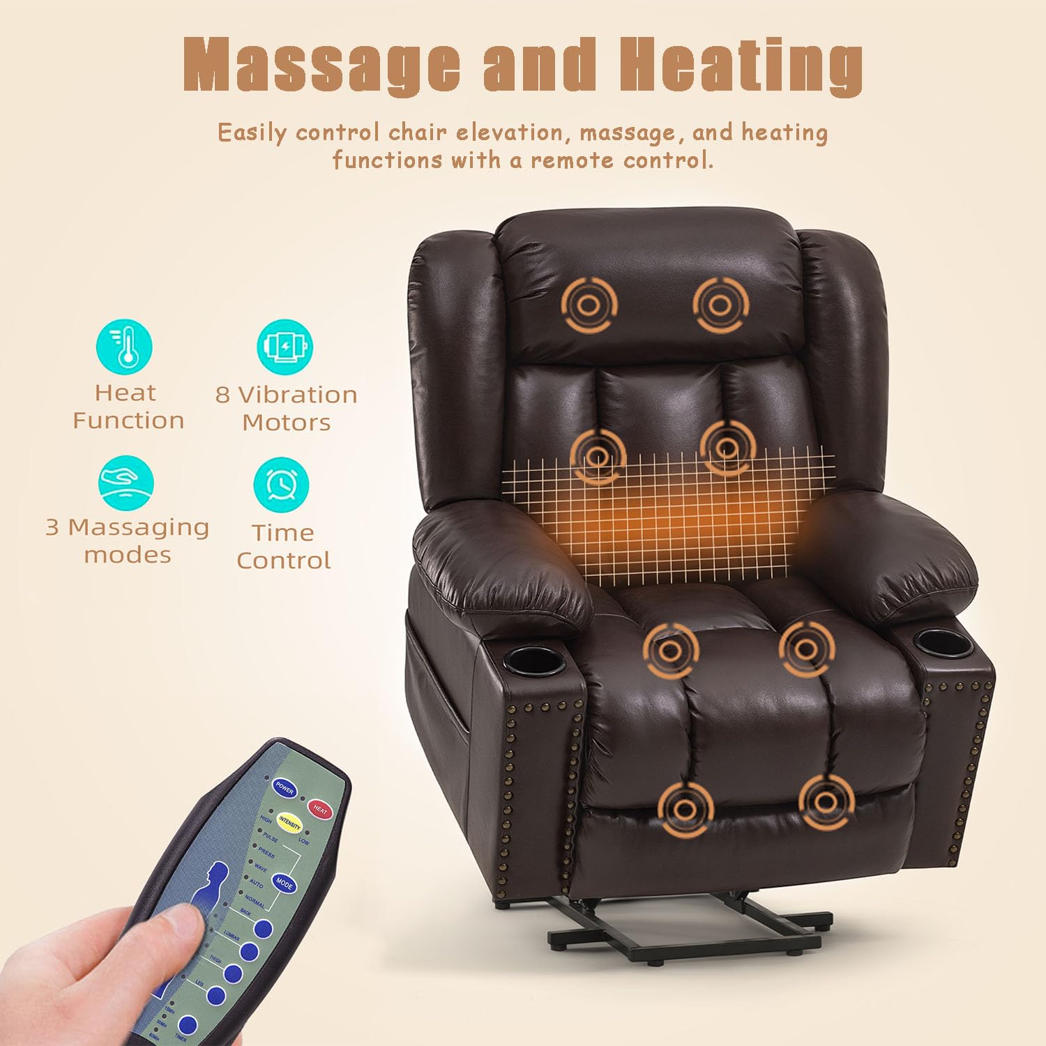 Cfvyne Large Power Lift Chairs Recliners for Elderly with Heated and Massage, Overstuffed Adjustable Lift Chairs, 3 Positions, Breathable Leather, USB-A and USB-C, Cup Holder, Side Pocket, Dark Brown