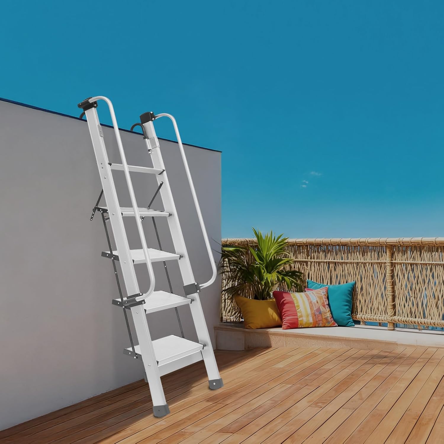 Aluminum Bunk Bed Ladder, Foldable 5 Step Hook On Bunk Bed Ladder with Adjustable Handrails Hooks and 7.87" Wide Folding Anti-Slip Pedals for RV Caravans Lofts Dorm Double Beds