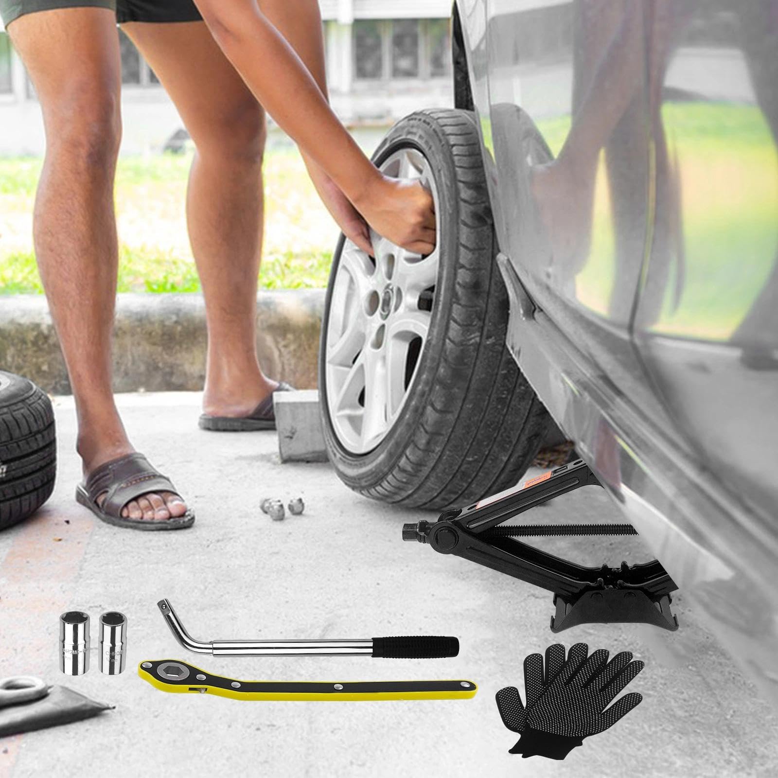 Chiluxendo 2,5T Cric per Auto, Cric a Forbice con Chiave per Dadi Ruota, Cricchetto Portatile