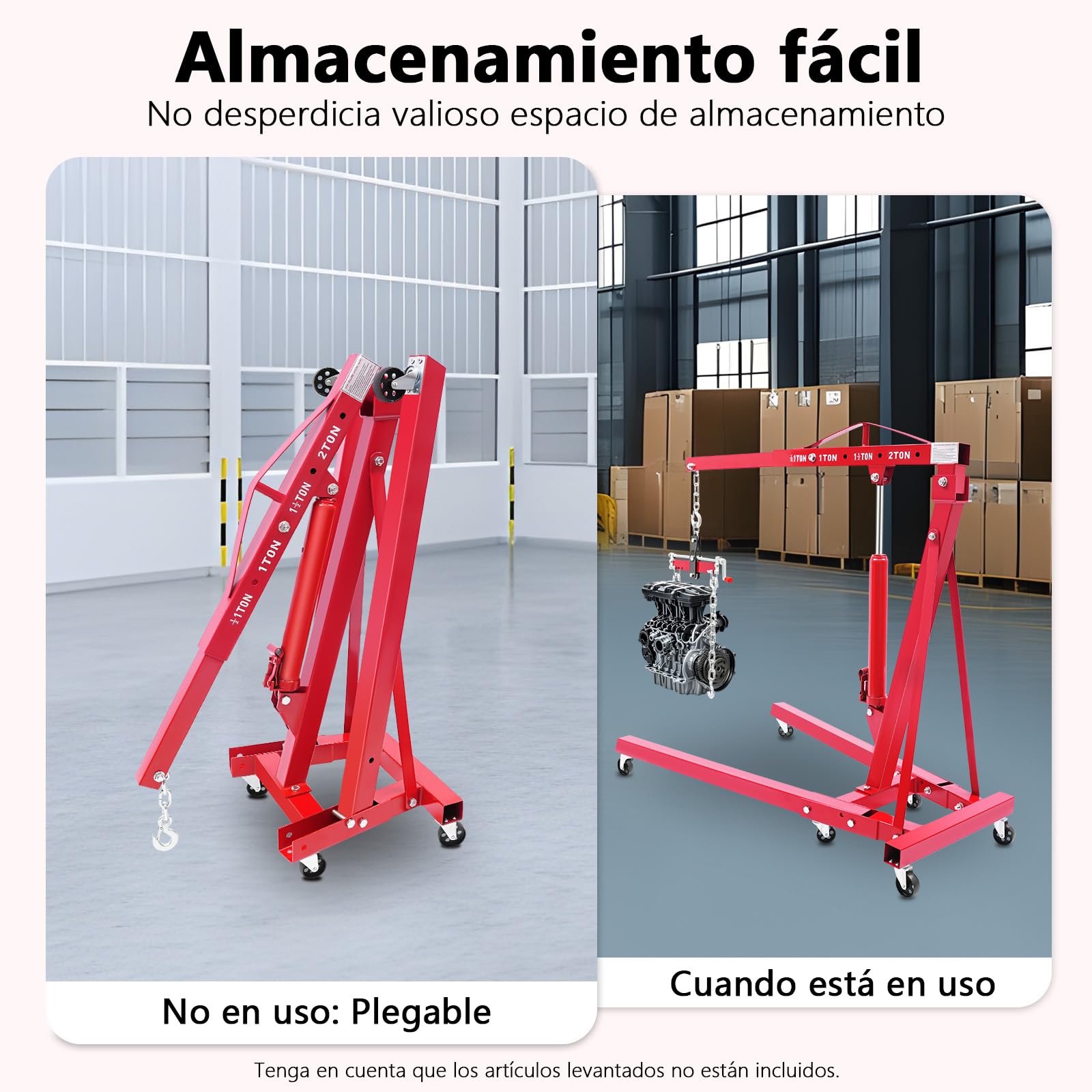 Grúa de taller plegable con compensador de motor, 2000 kg Grúa elevadora de motor de acero al carbono, 4 posiciones ajustables, máx. 148 cm de distancia del gancho al suelo (envío de 2