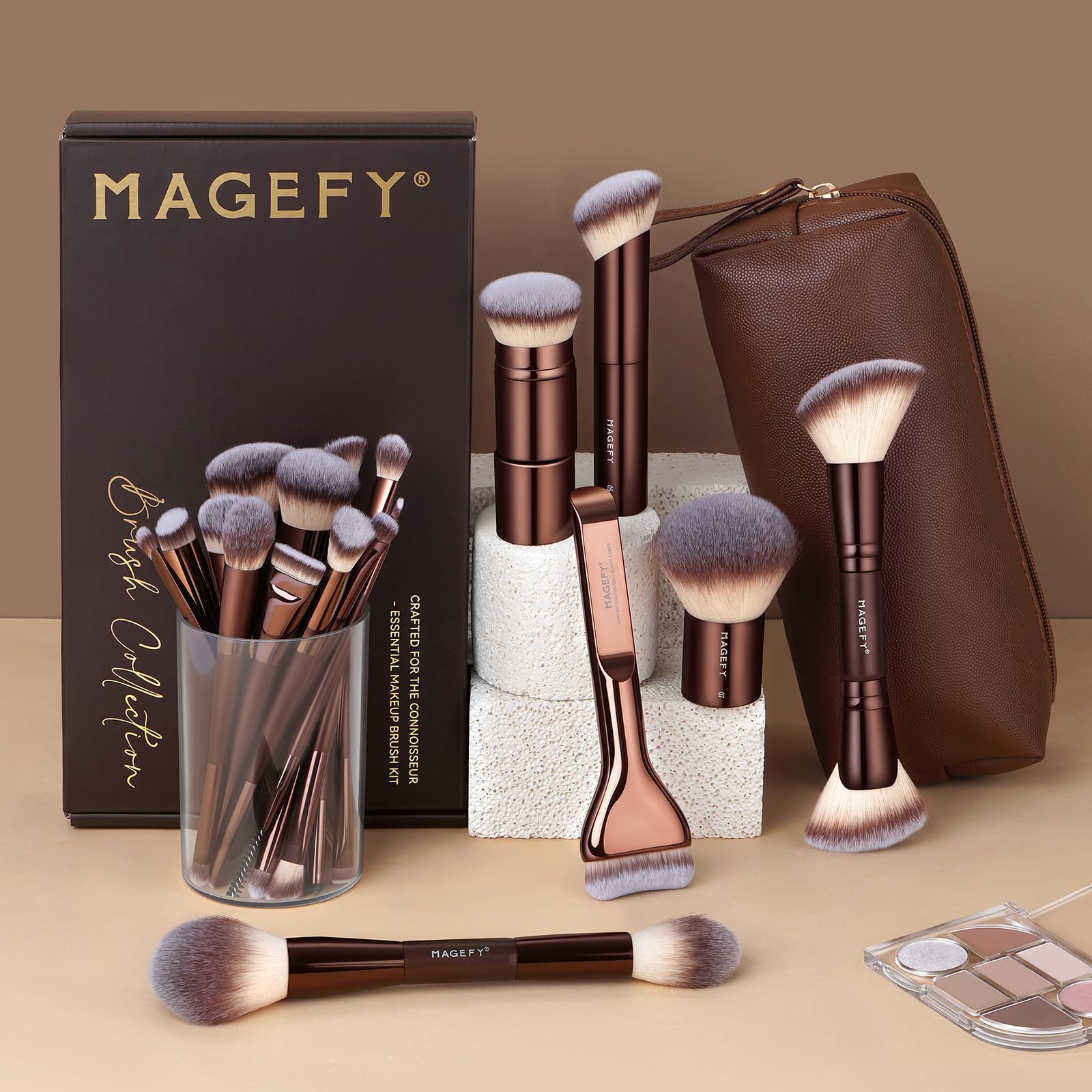 MAGEFY Make-up Pinsel 26-in-20 Professionelles Makeup Pinselset Doppelseitige Make-up-Pinsel für Puder, Concealer, Lidschatten, Rouge und Konturierung sowie Foundation Pinsel mit Etui - Kaffeegold