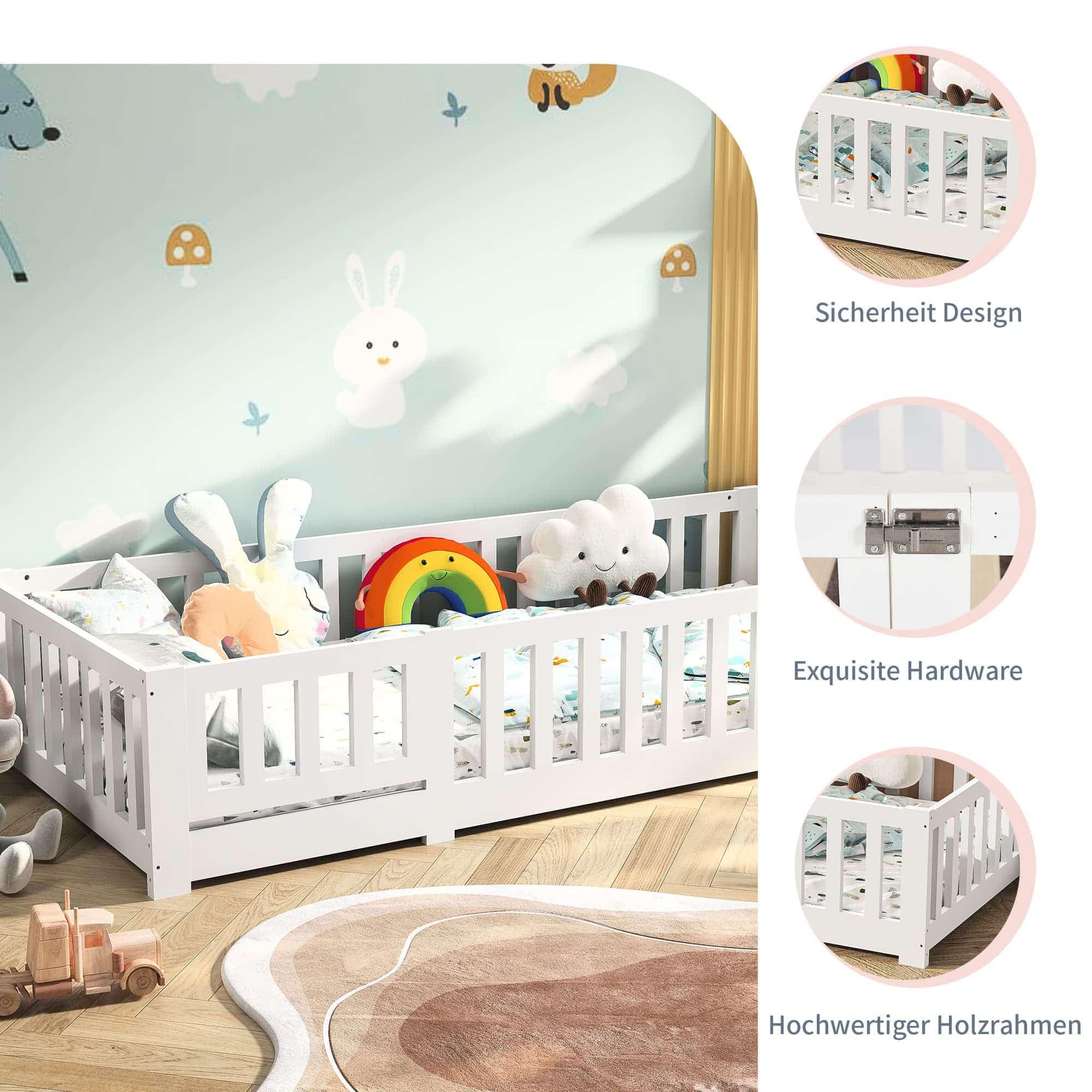 BestAlice Cama infantil Montessori de 90 x 190 cm, con protección anticaída y somier, cama juvenil, cama individual, para niñas y niños, madera maciza de pino incluida, color blanco