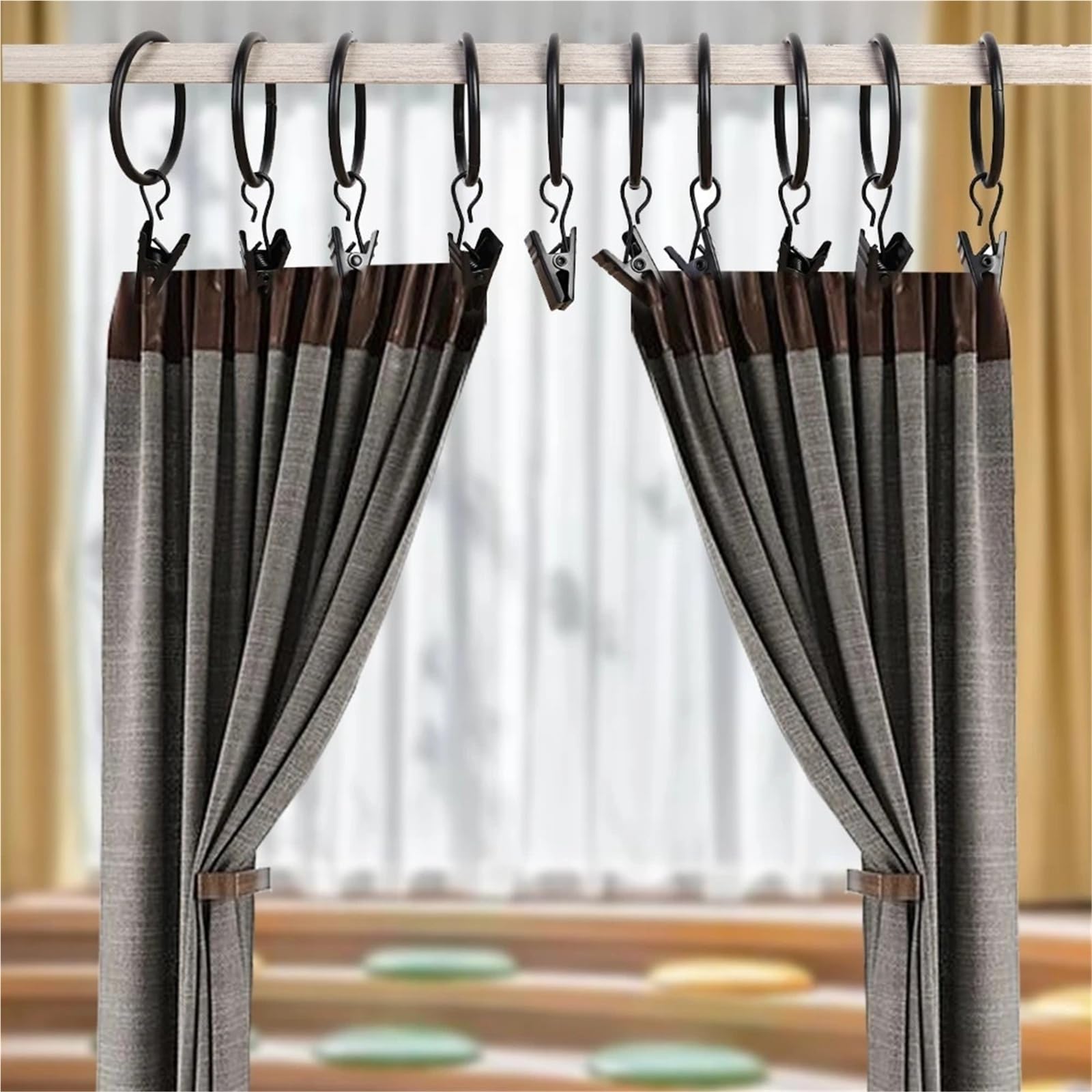 Duschvorhangringe 50/10 Stück Vorhangringe mit Clips aus Eisen, starker Halt for Vorhänge, Haken, Mehrzweck-Lichterketten for Aufhängen(Black-25mm,30PCS)