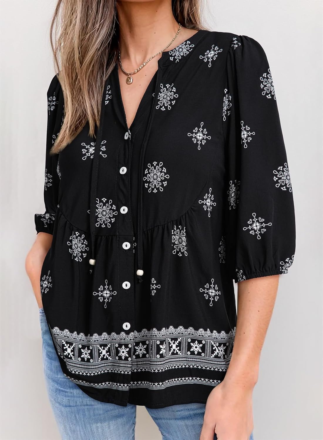 Dokotoo Womens Summer Tops Boho Floral Short Sleeve Button Down V Neck Peplum Babydoll Casual Loose Blouses Shirts - Image 2