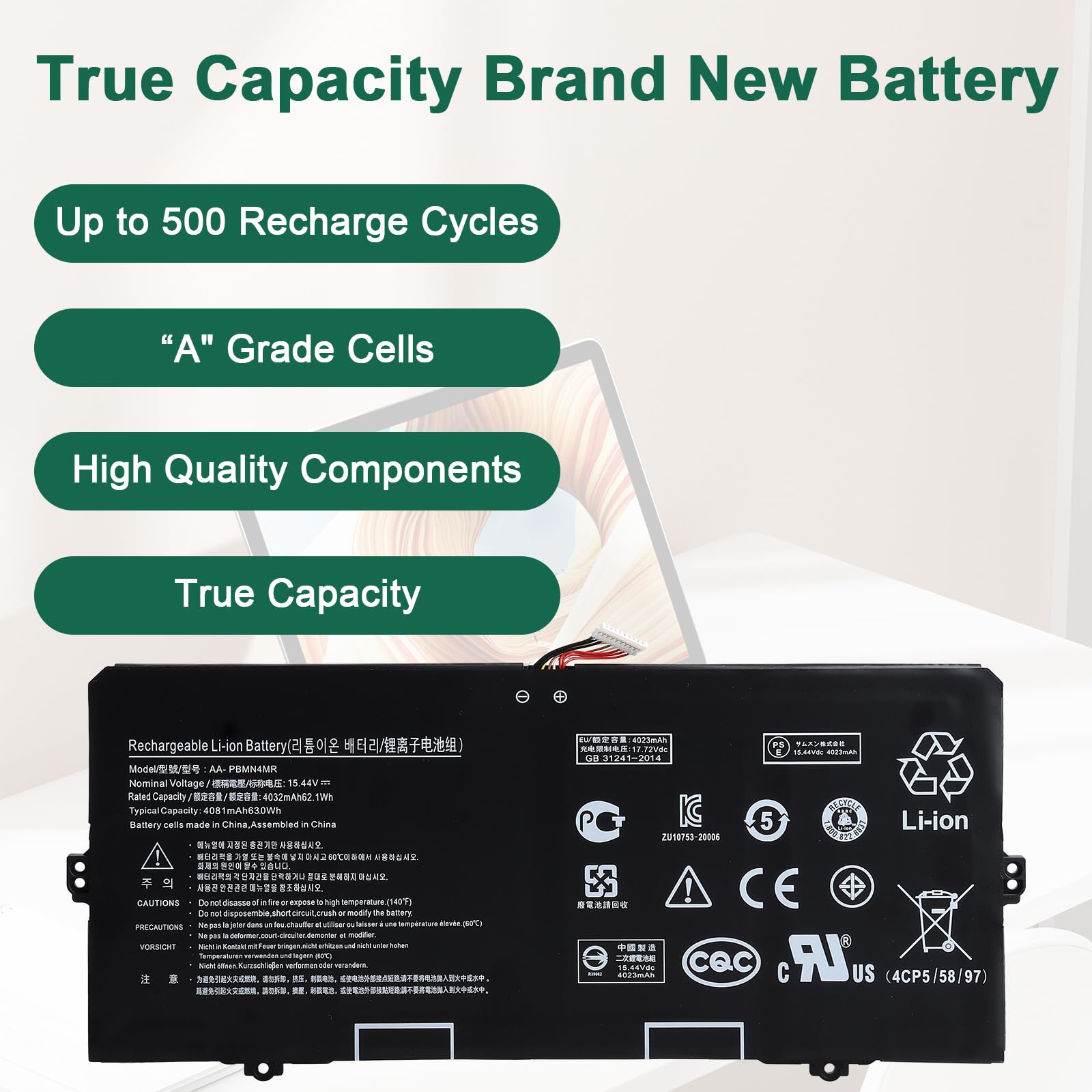 15.44V 62.1Wh AA-PBMN4MR Batería Compatible con Samsung Galaxy Book Pro 360 13 NP930XDB NP935XDB, Book2 Pro 13 NP930XED, Book3 Pro 14 NP940XFG Series