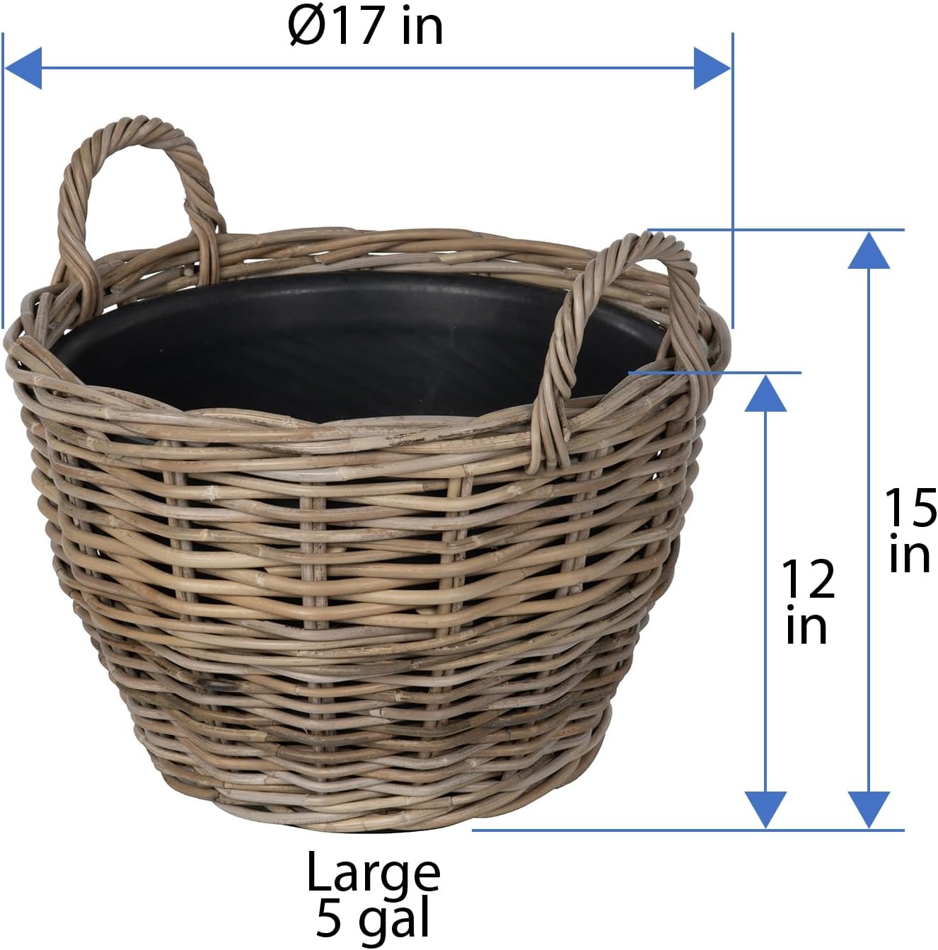 Kouboo Rattan Kobo Indoor Outdoor Planter Basket with Ear Handles Plastic Pot Large 5 Gallon Soil Capacity