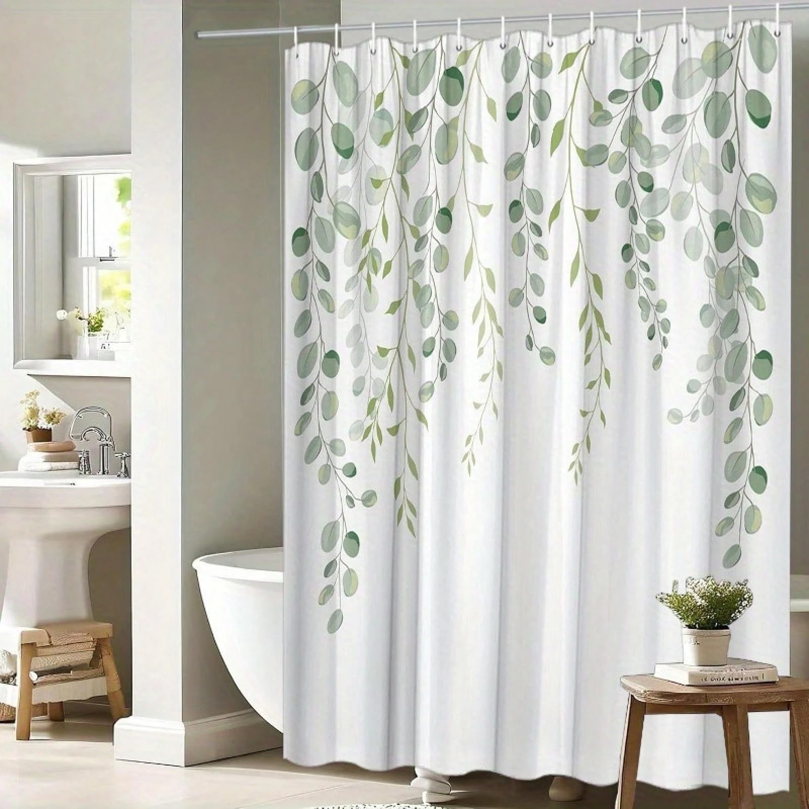 GLKSDLPO Eucalyptus Branch Shower Curtain - Delicate Green Leaves Minimalist Calming Design, Washable & Line Dry, Bathroom Decor(115x220cm/45x87in(WxH)
