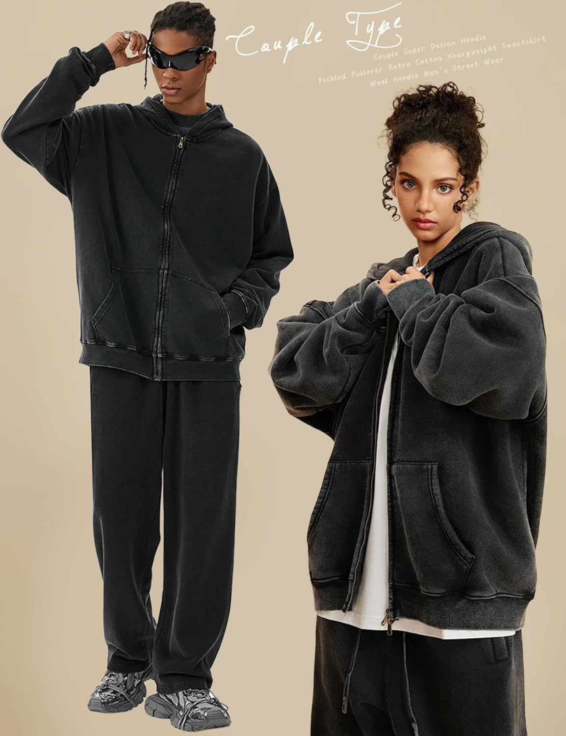 Arssm Mens Oversized Zip Up Hoodies Jackets Fleece Vintage Acid Wash Cotton Heavyweight Distressed Sweatshirt - Image 2