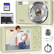 Digital Camera, FHD 4K 44MP Digital Camera, 16x Digital Zoom, Digital Point & Shoot Camera with 3LED Fill Light, 64GB SD Card, Compact Camera, Kids, Teen, Boys, Girls, Cream