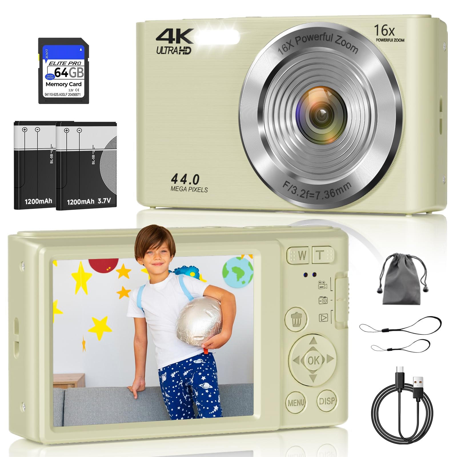 Sponsored Ad - Digital Camera, FHD 4K 44MP Digital Camera, 16X Digital Zoom, Digital Point and Shoot Camera with 3-LED Fill Lights, 64GB SD Card, Compact Camera for Kids Teen Boys Girls, Cream