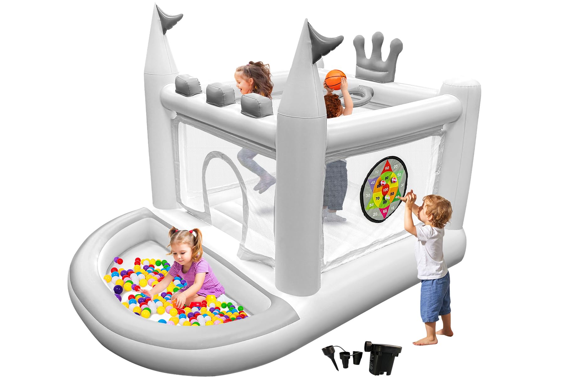 Aufblasbare PVC-Hüpfburg für Kinder 3-8 Jahre, 5-in-1 Outdoor Hüpfburg mit Hüpfbereich, Kugelpool, Basketballkorb, Ringen & Zielspiel, inkl. Pumpe, Weiß