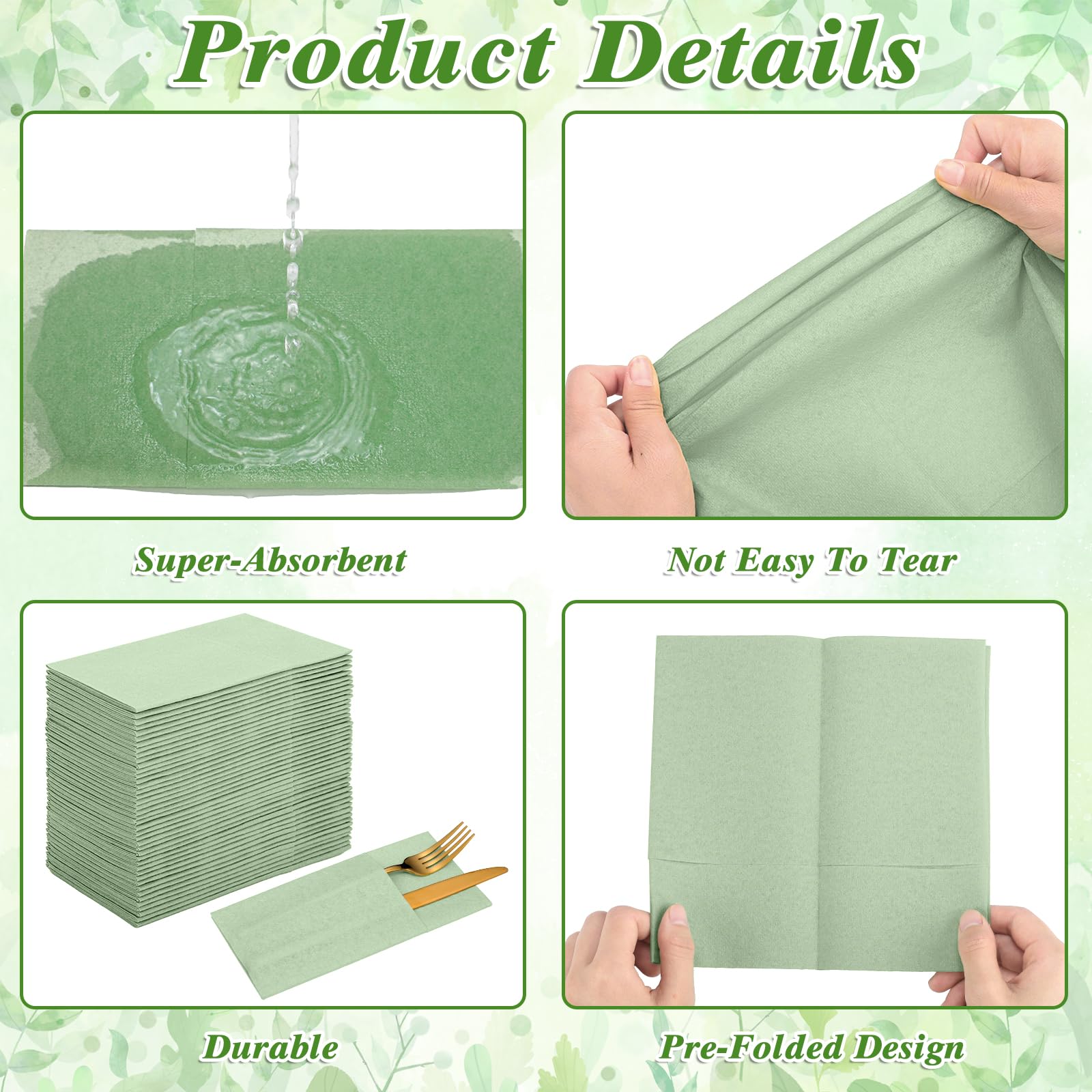 60 tovaglioli di lino tascabili, tovaglioli di carta con tasca integrata per posate usa e getta, per posate, matrimoni, baby shower, feste nuziali (verde salvia)