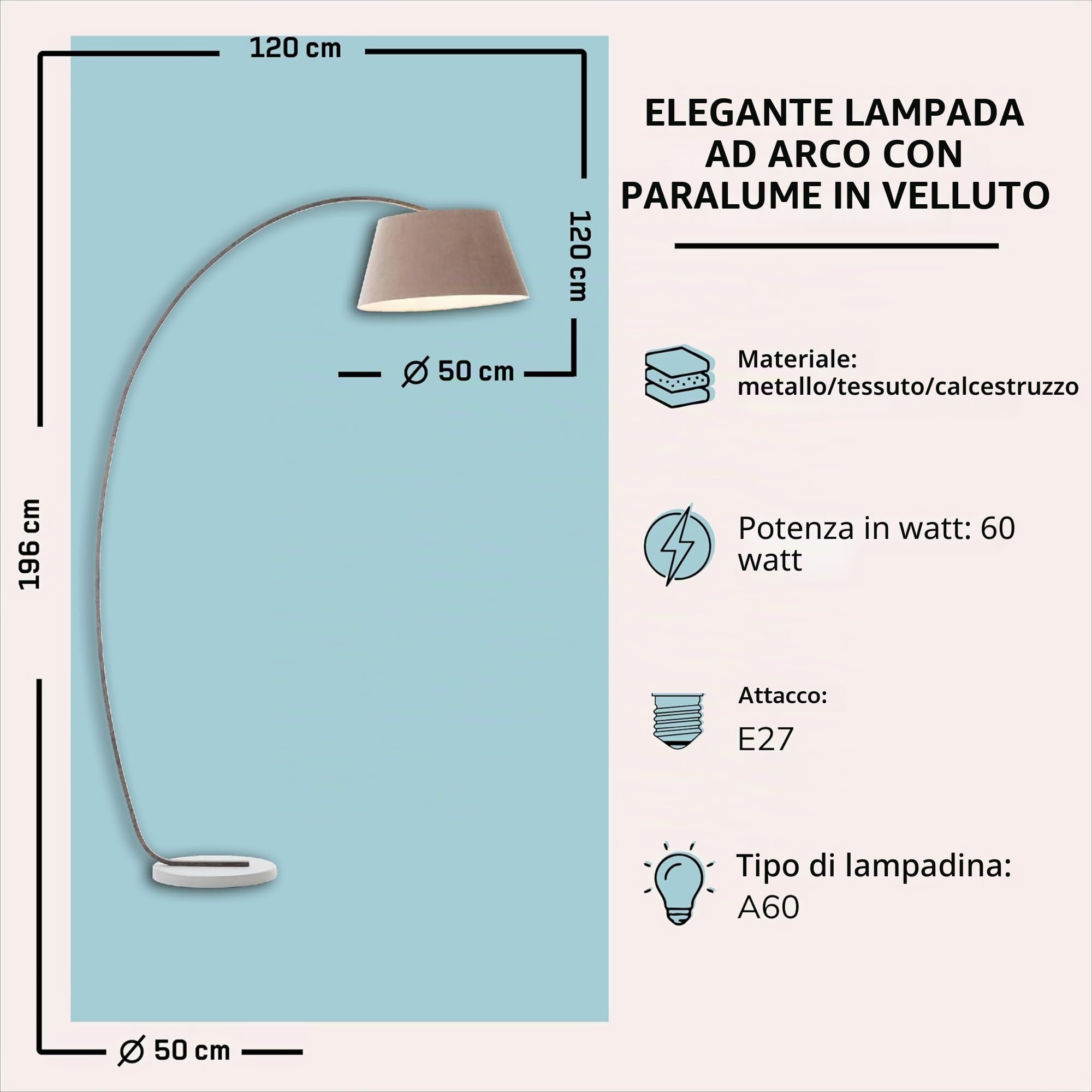 Lightbox Lampada da terra paralume decorativo in tessuto - 196 cm di altezza x 50 cm di larghezza - lampada da terra ad arco con interruttore a pedale e testa girevole - attacco E27 - in
