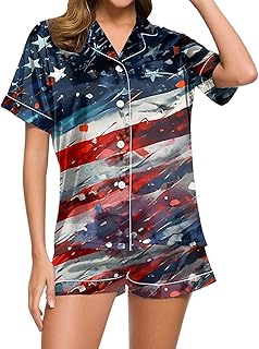 Pijama 44 para mujer, conjunto de pijama para mujer, con estampado del Día de la Independencia, cuello en V, bolsillo con botones, manga corta y pantalones cortos, traje de casa para mujer, talla