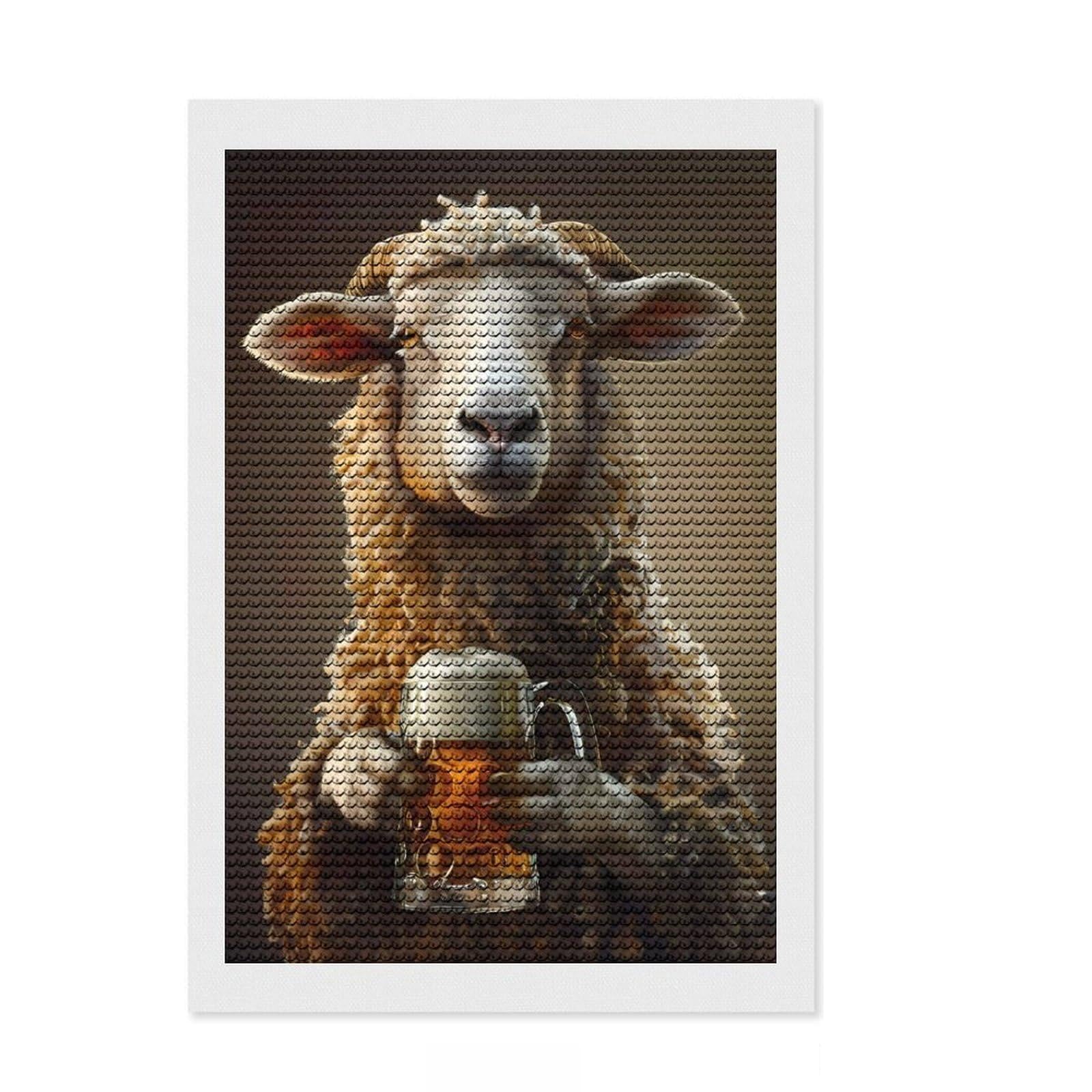 Junmoney Sheep Beer Crystal Diamond Art Kit 8"x12", Round Gems, Modern Decor, Artistic Hobby, Vintage Style Decor, Festive Craft Gift