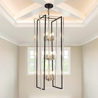 WJShome 12-Light Modern Chandelier, Large Chandeliers for High Ceilings, Farmhouse Foyer Lighting Fixtures, 3 Tier Lantern Pendant Light, Industrial Chandelier for Entryway Staircase, Black & Silver