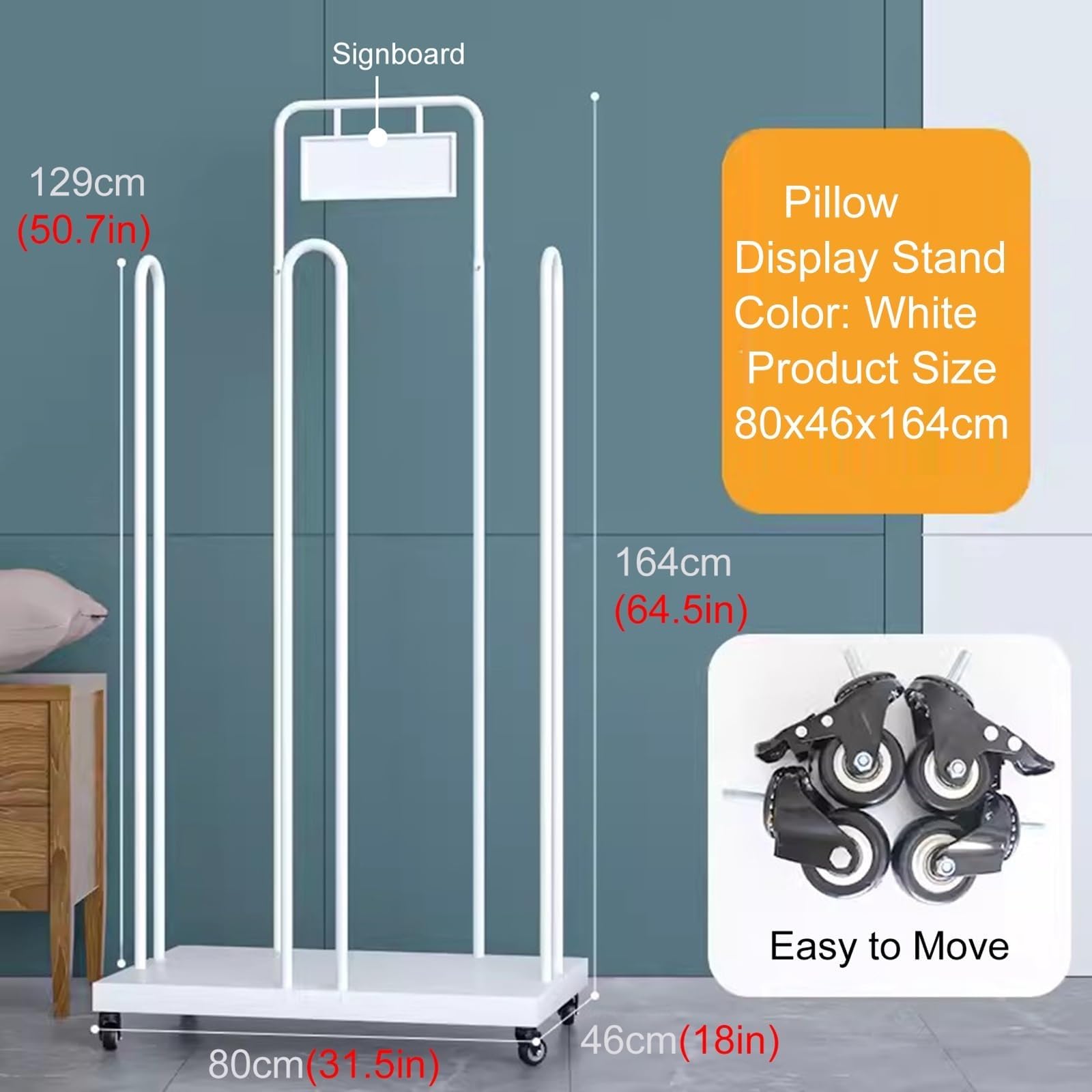 Rectangular Metal Pillow Rack with Billboard?Freestanding Pillow Display Rack?Rectangular Metal Pillow Rack with Billboard, Commercial Retail Pillow Quilt Display Stand for Mall Clothing Stores(80x46x