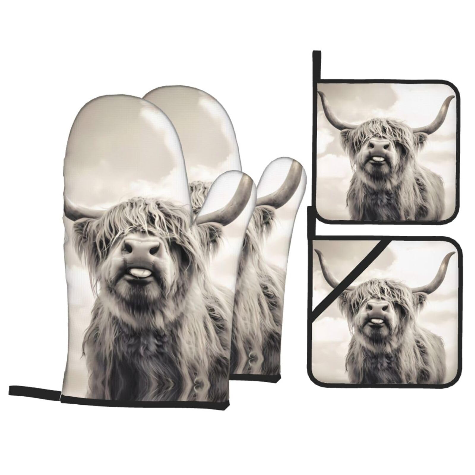 YYHHAOFA Funny Highland Cow Prints Kitchen Baking Set with Heat Resistant Pot Holders & Oven Mitts - Waterproof Layer for Hot Dishes, Grill & Microwave