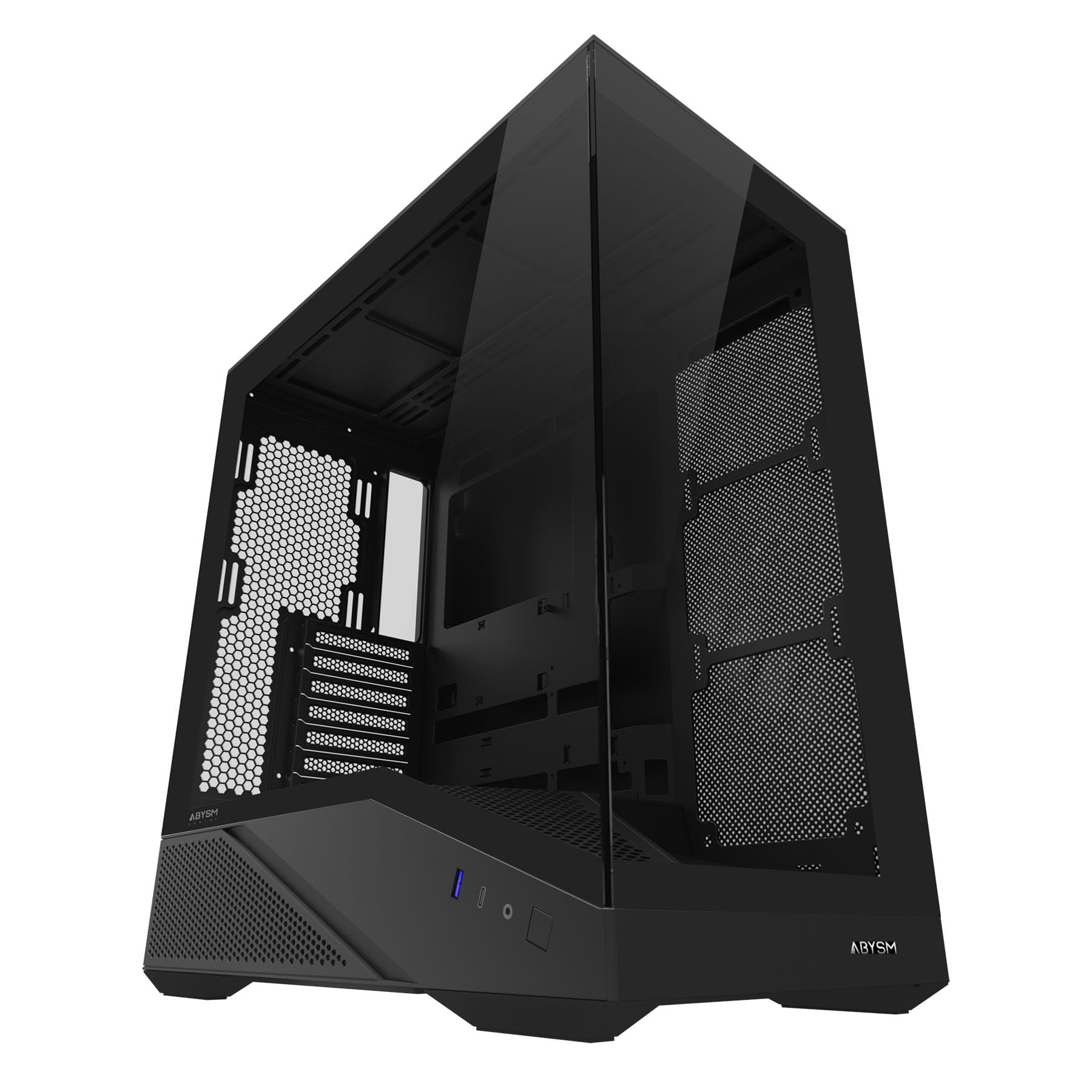 Abysm Gaming Arian Frame A400 – Torre ATX Gaming con telaio inclinato, 4 ventole ARGB PWM, vetro temperato, supporto GPU 420 mm, USB Type-C, raffreddamento liquido 360 mm – scatola PC Gamer nera