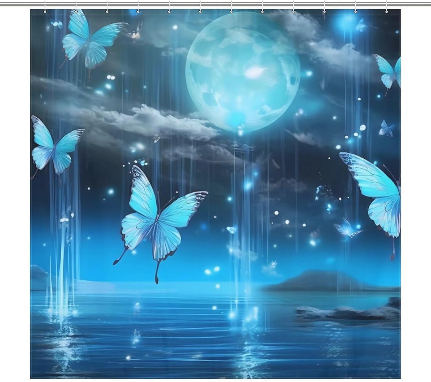 Psychedelic Teal Butterfly Full Moon Funny Shower Curtains Washable Bath Curtain Liner with Hooks for Bathroom Bath Tubs
