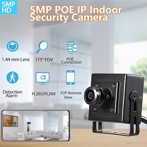 Miniatura 2 de Mini cámara POE de 5 MP, lente ojo de pez de 0.057 in (175  FOV) Cámara de seguridad IP interior pequeña gran angular, video CCTV P2P POE IP H.265