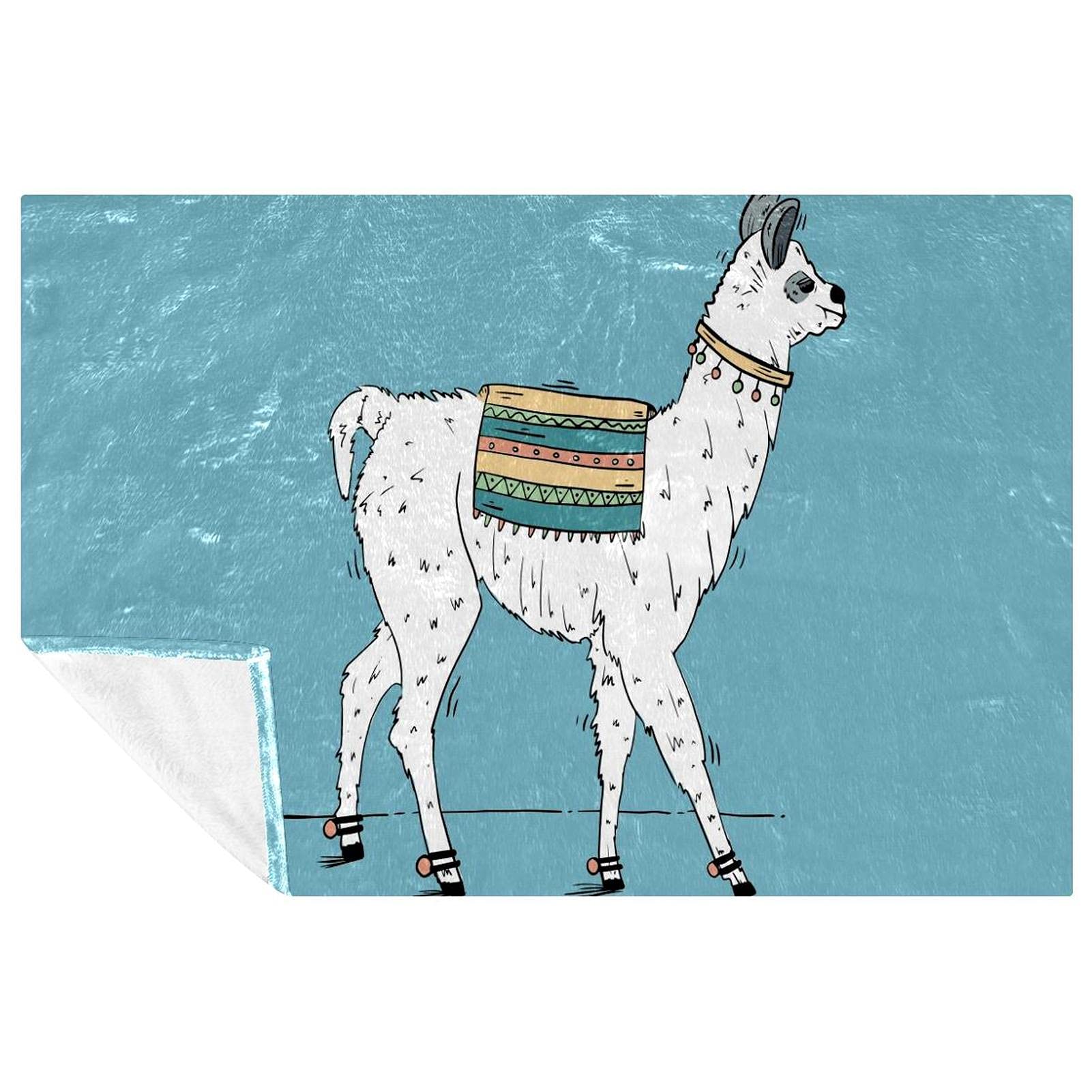 Couverture chaude lama imprimé bleu 150x100 cm plaid lit camping plage