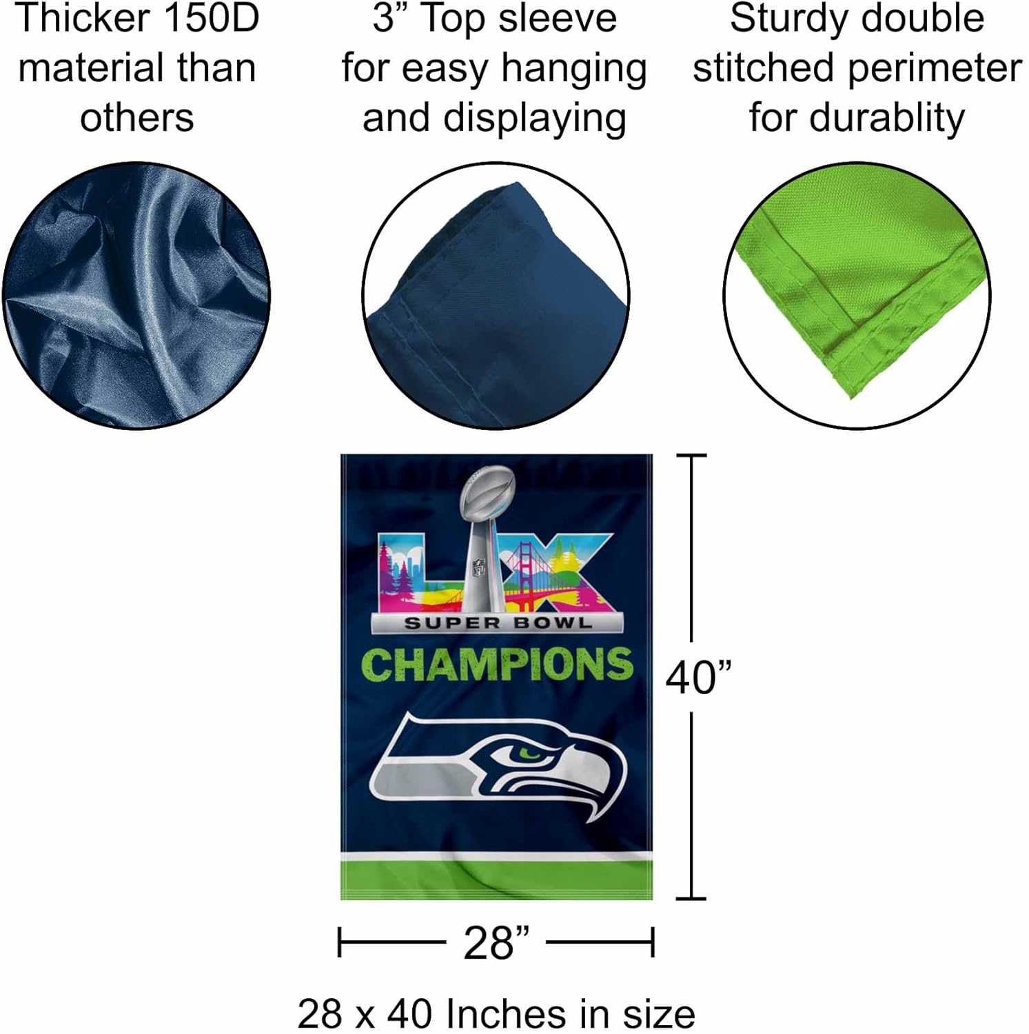 WinCraft Seattle Seahawks Super Bowl LX Champions Double-Sided 28" x 40" Vertical Banner - Image 3