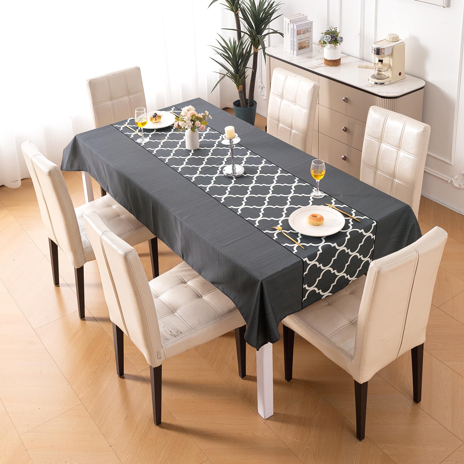 HOKIPO 'Modern Grace' Table Cloth for 6 Seater Dining Table Cover, 55x87 inches - Grey Trellis (IN-875-I1)
