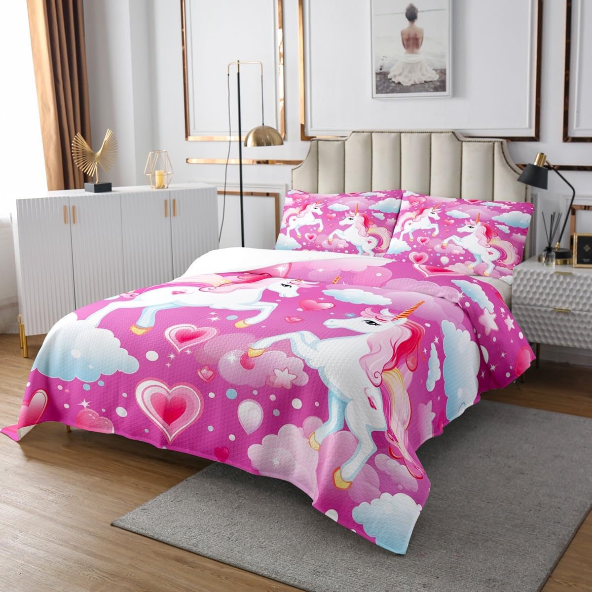 Unicorn Kids Bedspread King Size,Love Printed Polka Dot Cloud Quilt for Boys Girls Room Decor,Cartoon Animal Horse Bedding Set 3Pcs,Glitter Stars Wildlife Pink Coverlet Set,2 Pillowcases