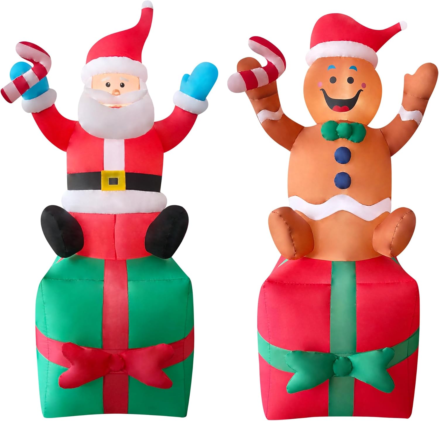 2 Packs 6FT Inflatable Christmas Santa Claus on Gift Box and Gingerbread Man Blow Up Decor for Christmas Outdoor/Doorway/Lawn Decor/Yard Party Decoration
