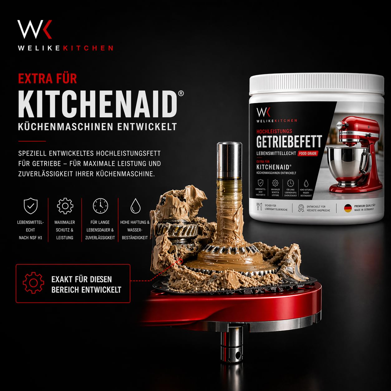 Welikekitchen Zestaw konserwacyjny kompatybilny z robotami kuchennymi KitchenAid – koło zębate, uszczelka, smar przekładniowy i szczotki węglowe (2 sztuki) – zestaw naprawczy do Artisan, Classic