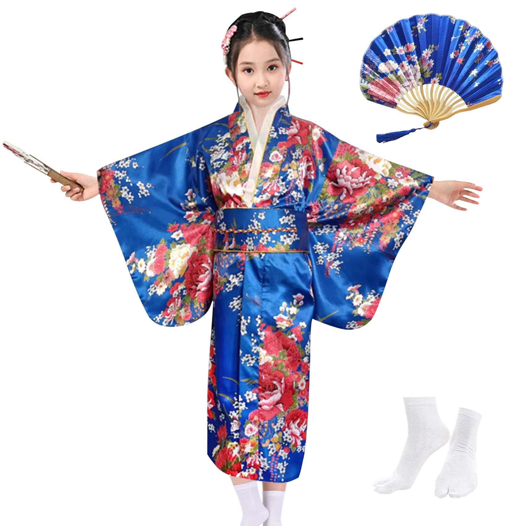 Kimono Japonais pour Filles,Robe Yukata Japonaise,Robe Kimono Satin pour les Enfants,Robe de Soirée de Jeu de Rôle Anime pour les Filles avec Eventail Pliant et Chaussettes Tabi