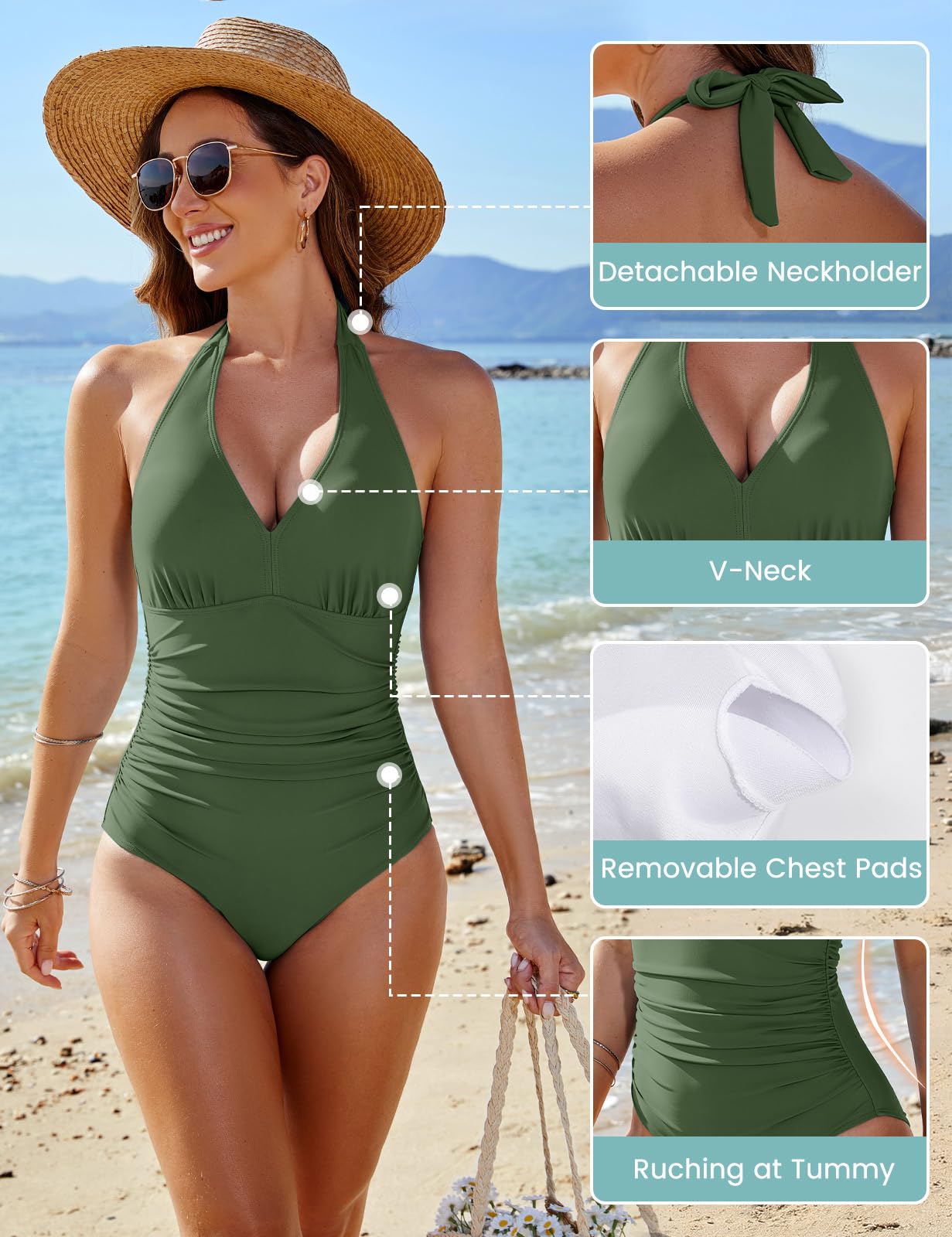 CMTOP Costume Intero Donna Contenitivo Scollo a V Costume da Bagno Push Up Imbottito Reggiseno Costumi Interi Curvy, Controllo della Pancia Vita Alta Costumi Mare Elegante Swimsuit