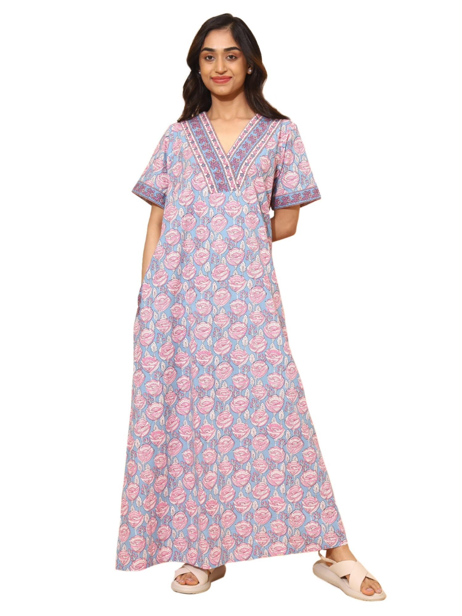 YELLOW BLOOM Geo Rose Maxi for Women | Nighties | Blue and Pink | Screen Printed | All-Day Comfortable Dress | Family Wear | Lounge Nighty | V Neck | Pure Cotton