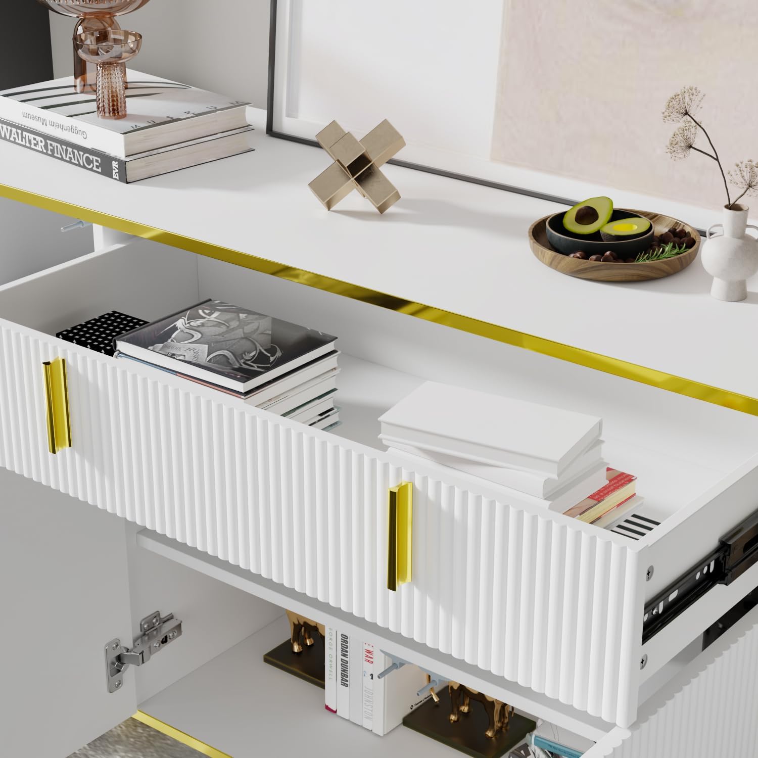 Hitow Large Kitchen Buffet Cabinet Storage Sideboard with Adjustable Shelves, 63" W Sideboard Coffee Bar with Drawer & Pop-up Doors, Console Table for Dining Room Living Room, White & Gold Type B