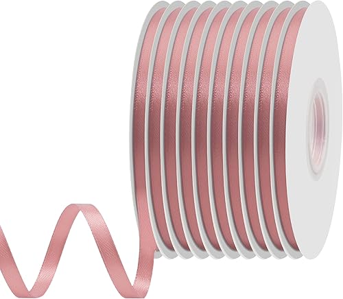 Miniatura 310 de Cinta de satén rosa polvoriento de doble cara de 1/4 pulgadas x 50 yardas, cintas de poliéster polvorientas para envolver regalos, cinta de tela