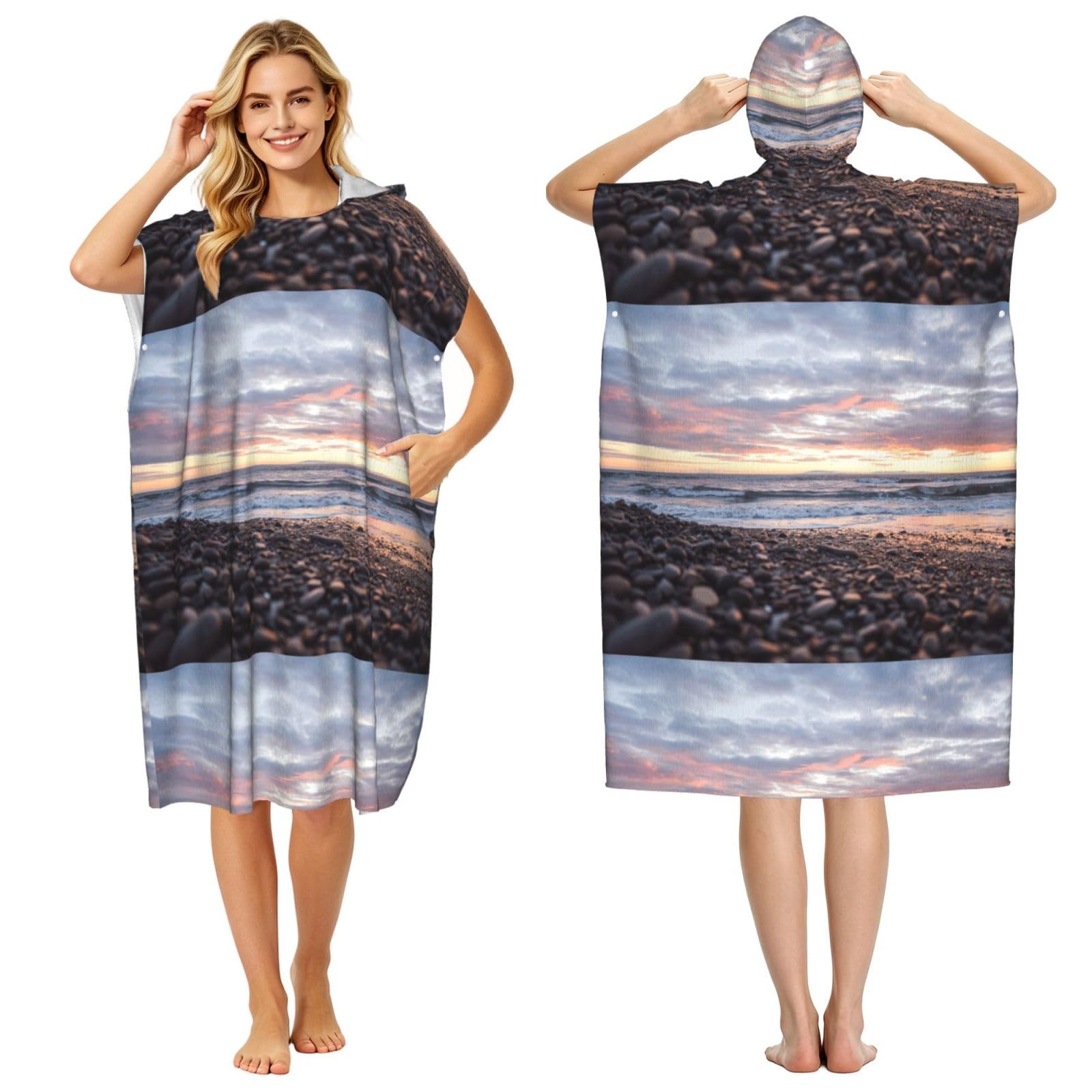 Poadnly Beach Sunset Pebbles, Adult Hooded Beach Towel 90 x 110 cm,Changing Bath Robe, Surf Poncho Towel For Women Men
