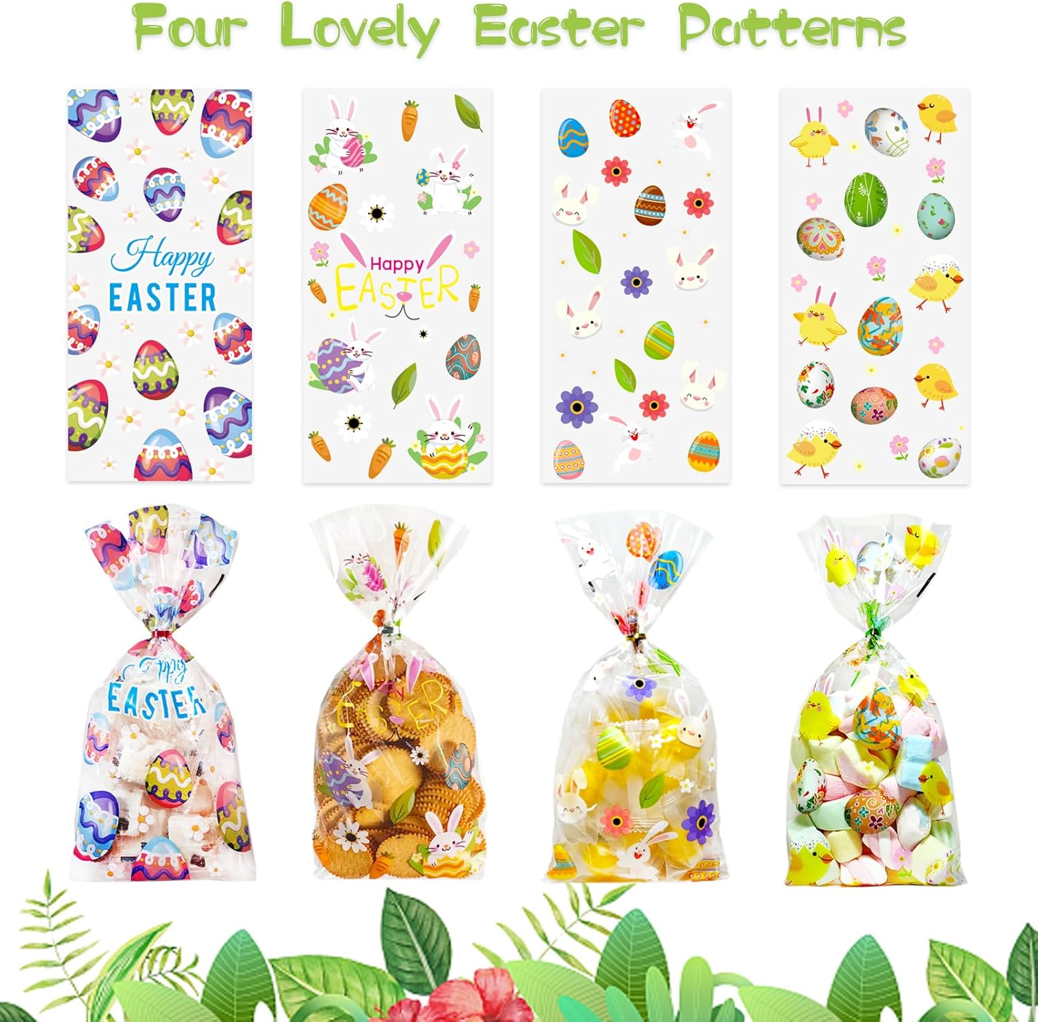 QOIUSO 100pcs Easter Treat Bags: Clear Easter Cellophane Bags for with Twist Ties for Candy Goodie Cookies Sweet and Gifts Packaging - 4 Style Platstic Party Favors Bags - Image 3